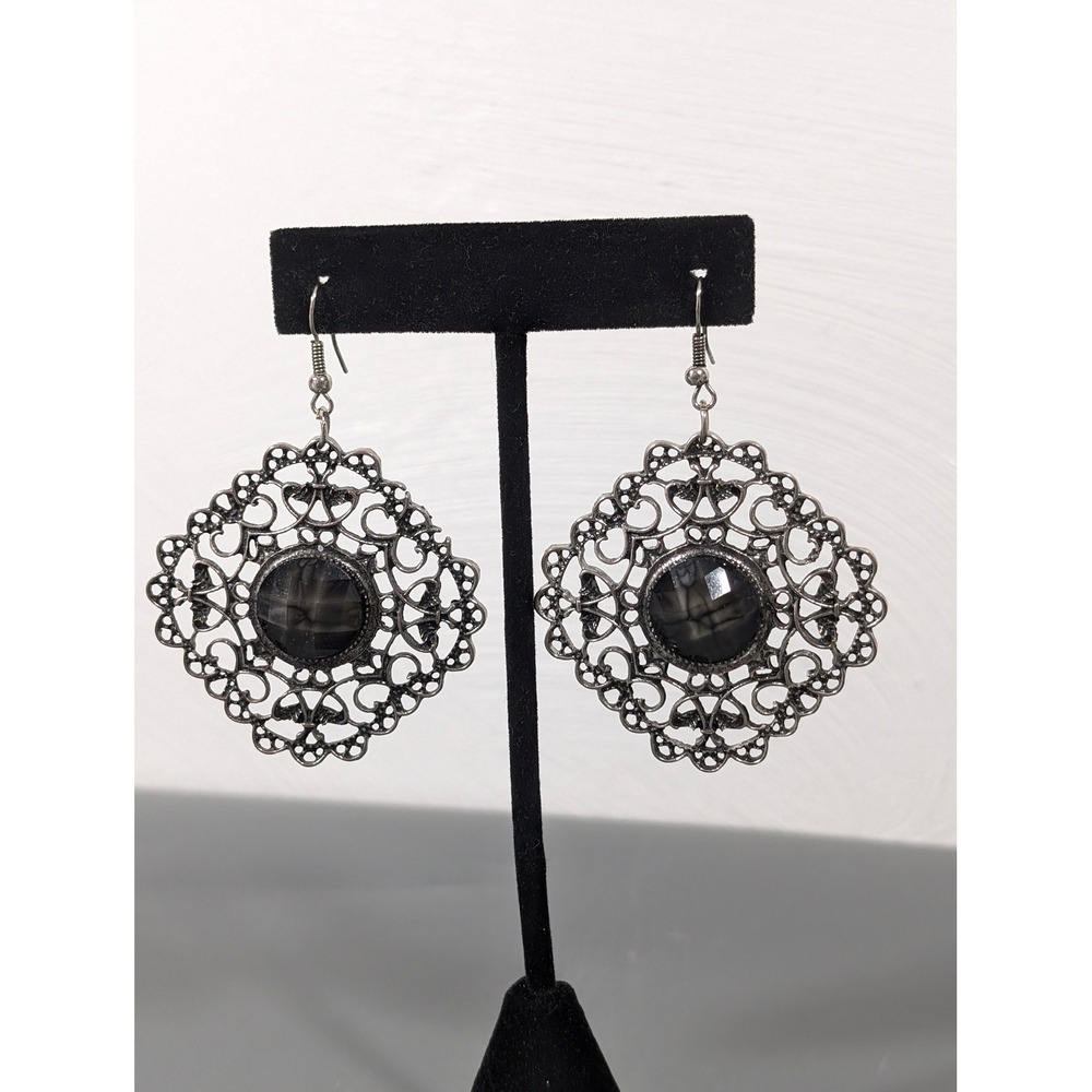 Boho Silver Tone Filigree Dangle Earrings Gray Acrylic Cab